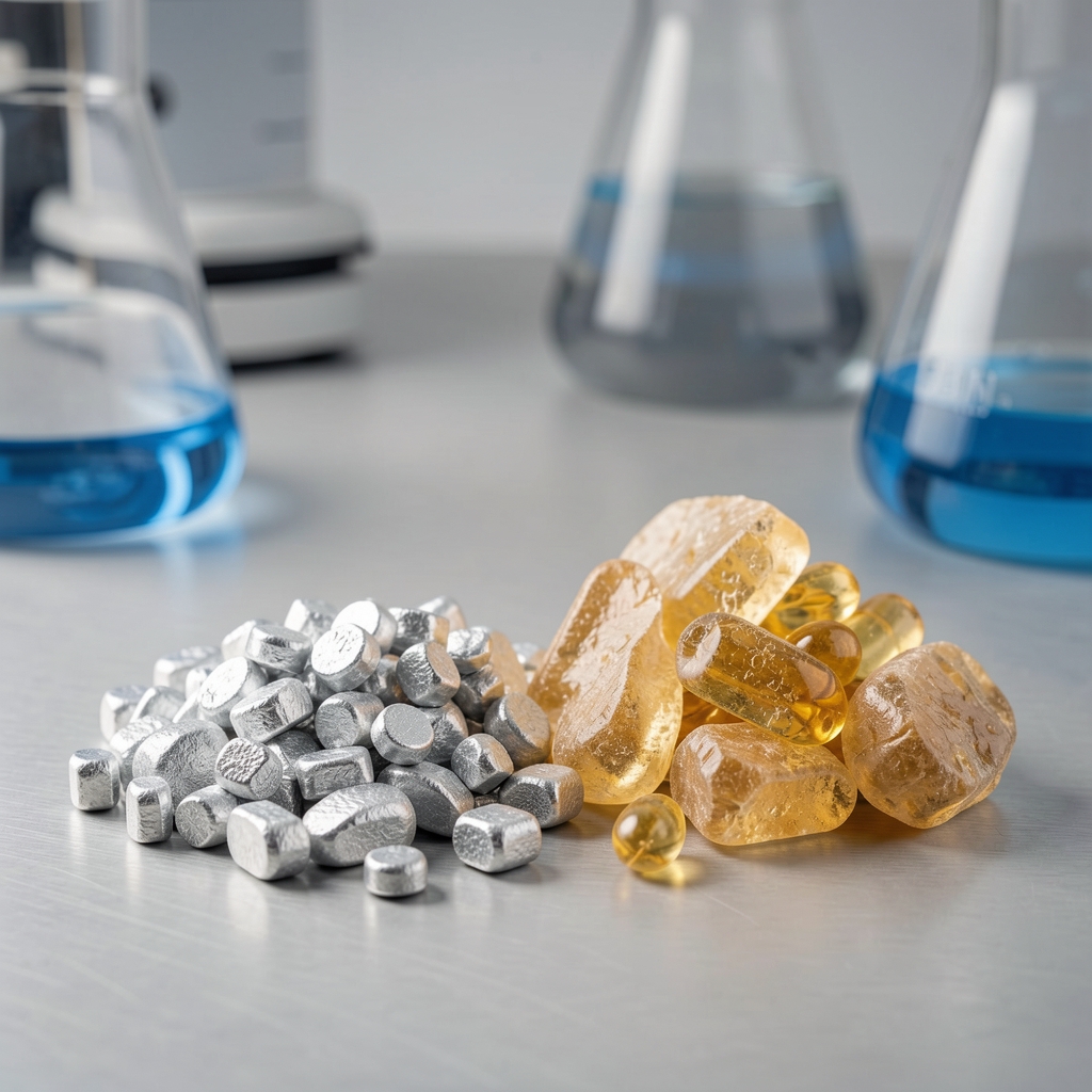 Close-up of natural supplement ingredients: zinc and magnesium mineral compounds on a laboratory bench with controlled studio lighting