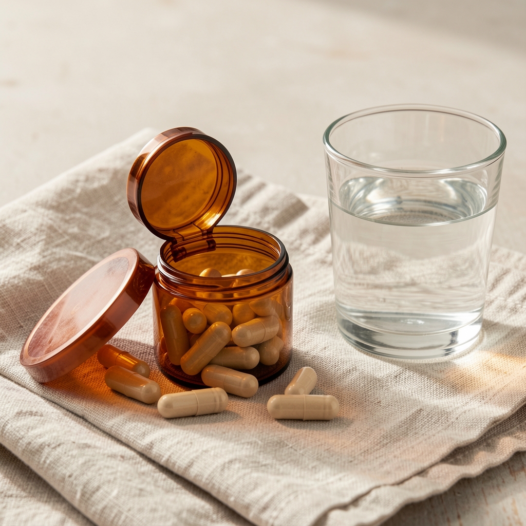 Open amber glass supplement container with plant-based capsules arranged on linen cloth beside a glass of water