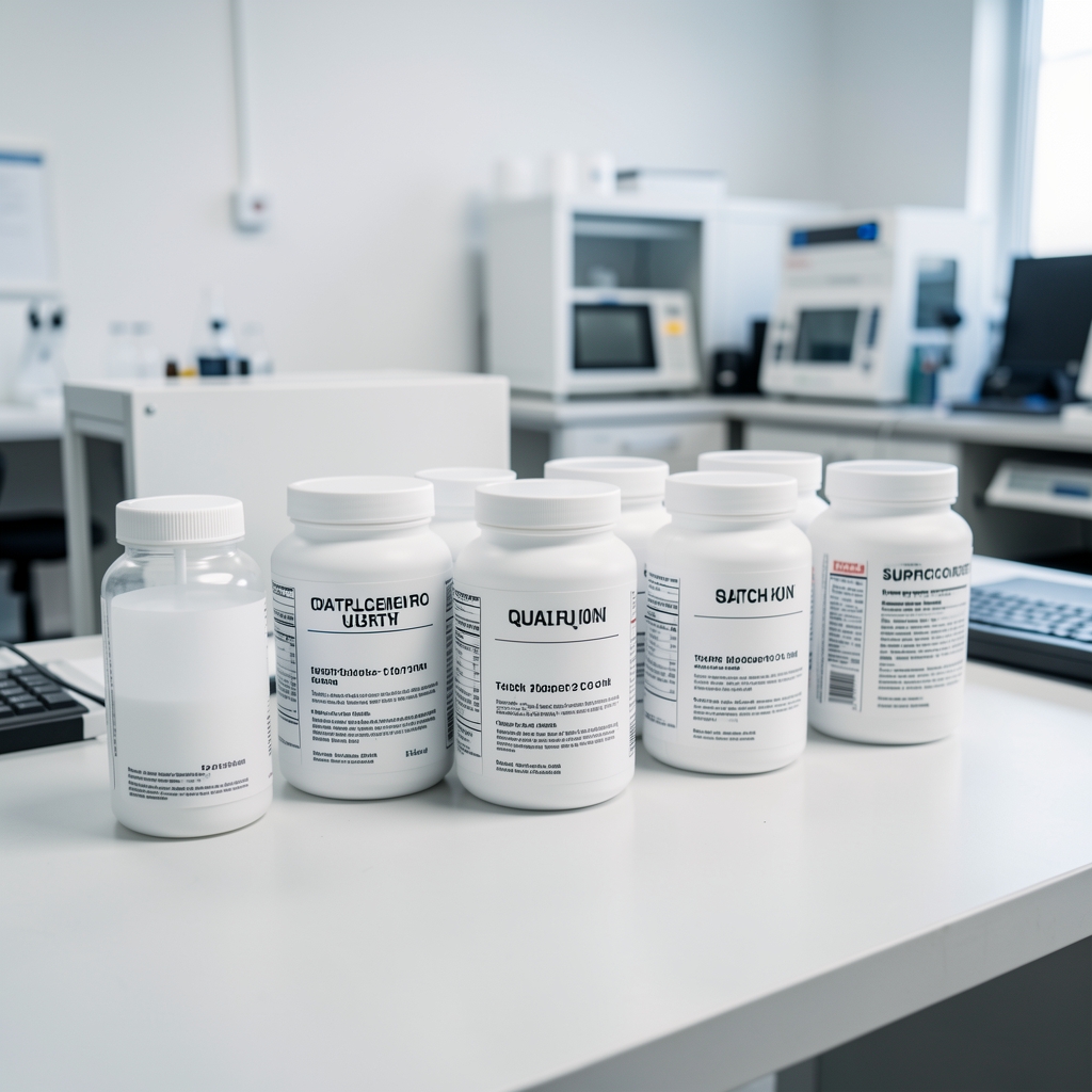 Quality-control bench with batch-coded supplement containers under bright studio lighting during independent verification visit