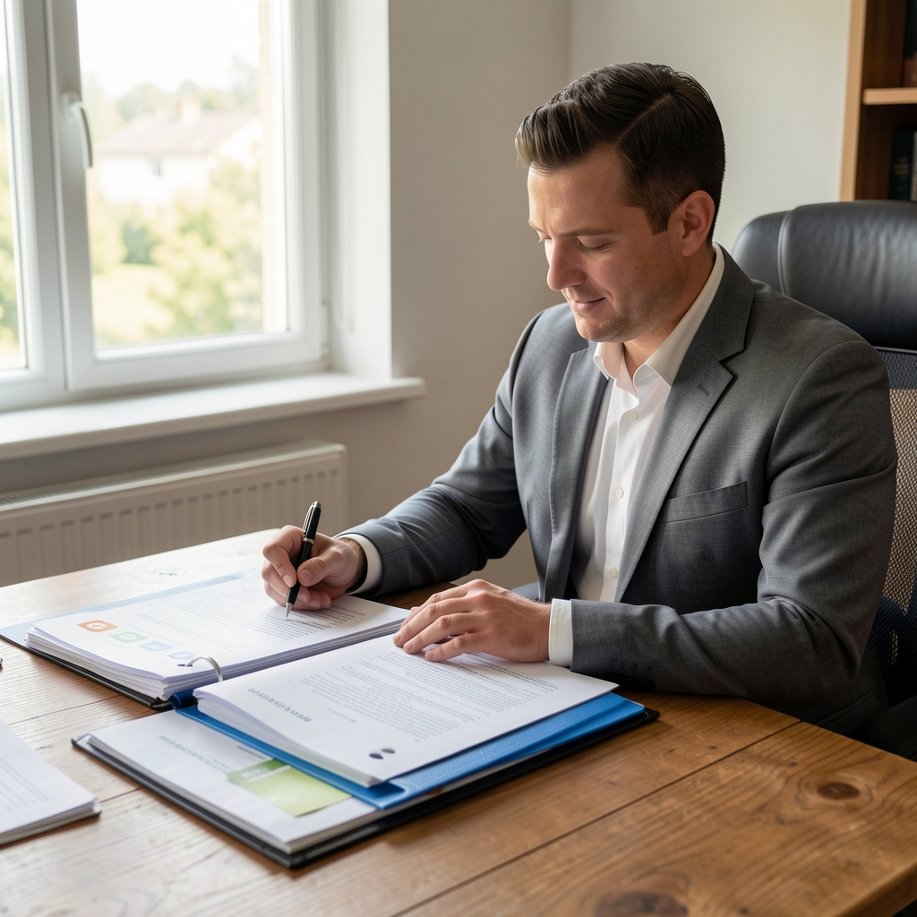 Specialist reviewing nutritional documentation and ingredient sourcing binders at a wooden desk with natural window light