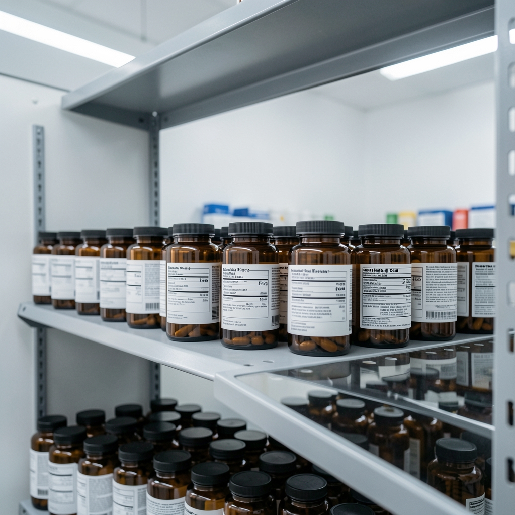 Batch-coded amber glass supplement containers aligned on a shelf in a clean storage room with controlled lighting