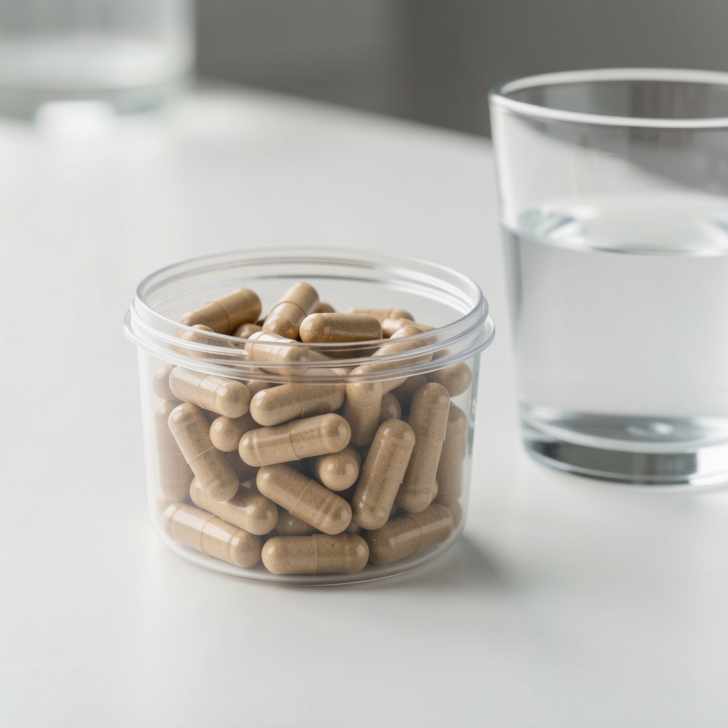 Plant-based capsule shells in transparent container photographed on a clean workspace with a glass of water beside them