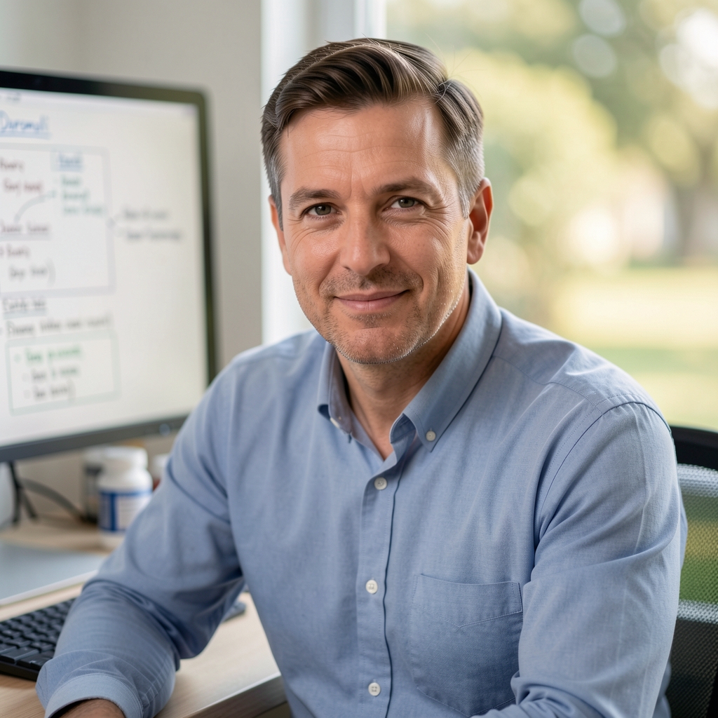 Editorial portrait of the Daromeli nutrition specialist: man in his forties seated at a documentation desk with supplement formulation notes visible in background