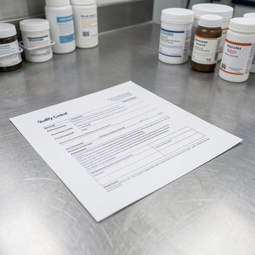 Quality-control documentation laid flat on a stainless workspace surface under bright studio lighting with supplement containers visible in background