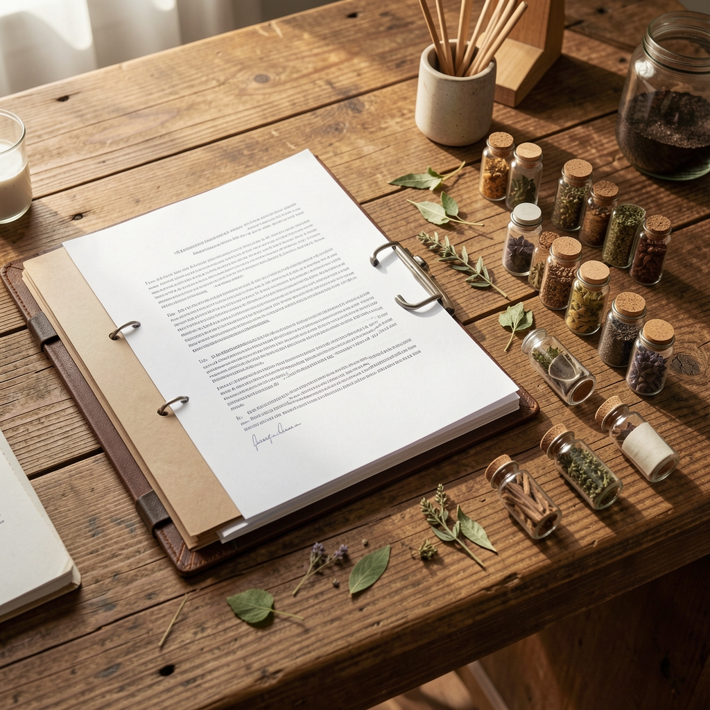 Sourcing documentation folder open on a timber desk with raw botanical ingredient samples in small glass vials arranged alongside