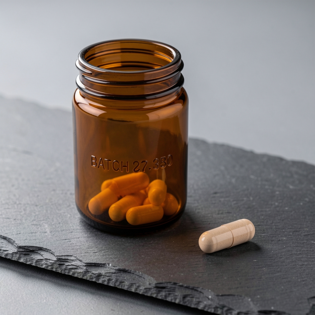 Amber glass supplement container with embossed batch number on dark slate, single plant-based capsule placed beside it