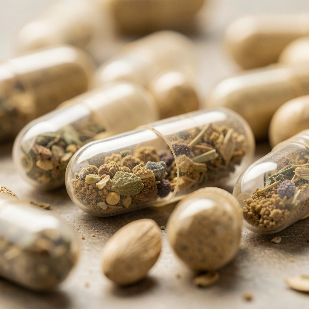 Close-up of natural supplement capsules showing plant-based translucent shell with visible botanical powder fill