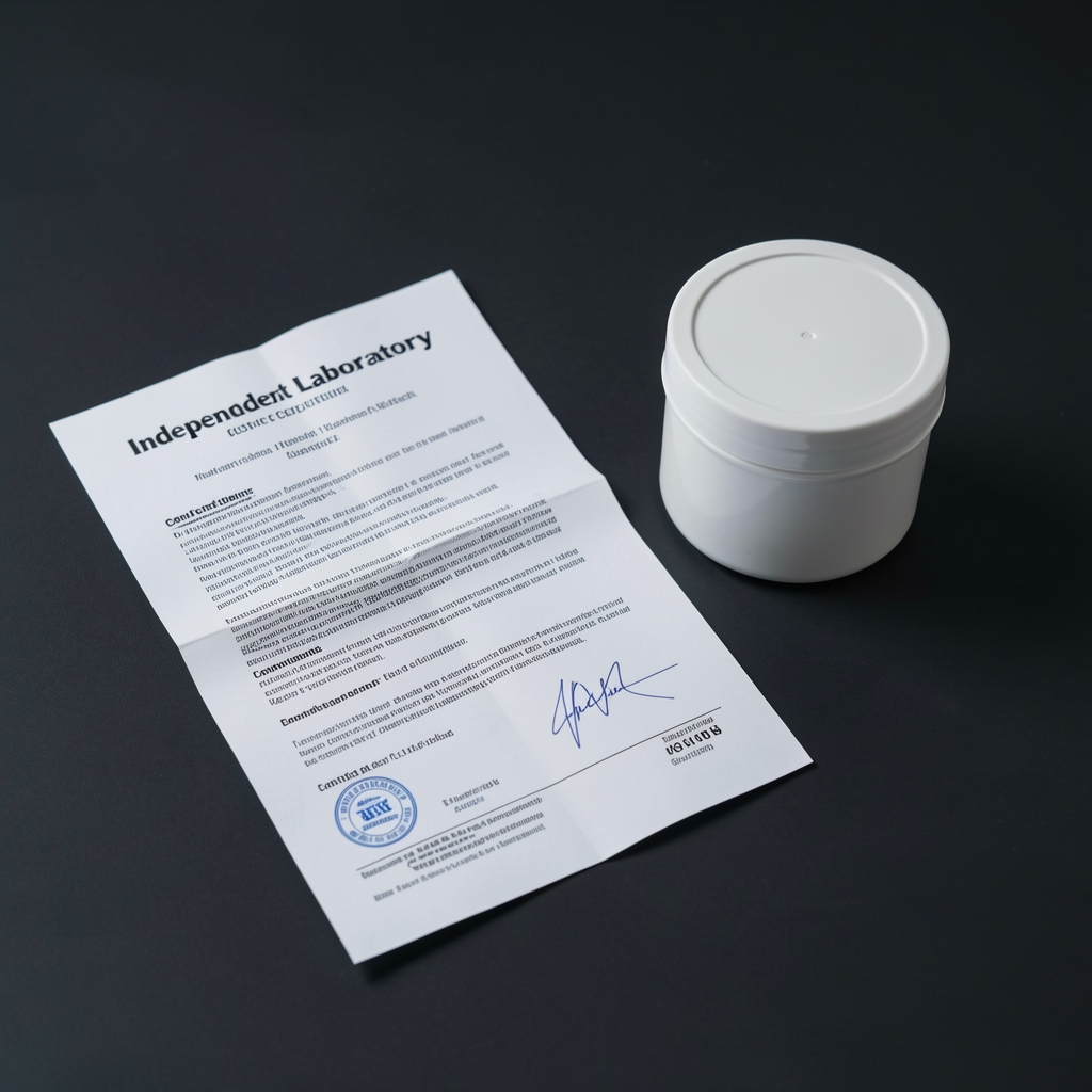 Independent laboratory certificate of composition document partially unfolded next to a closed supplement container on a dark surface