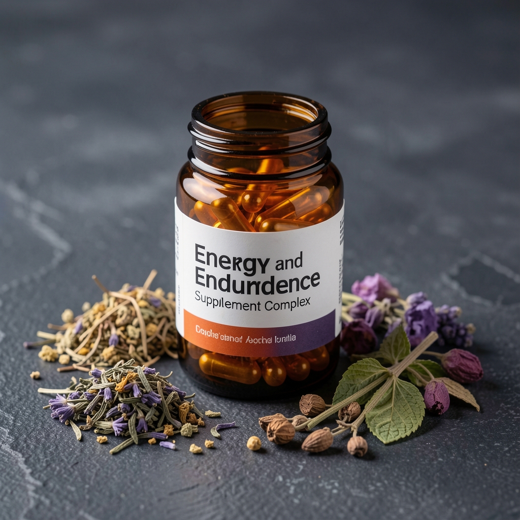 Energy and endurance supplement complex: amber glass capsule container on dark textured surface with dried botanical ingredients arranged around it