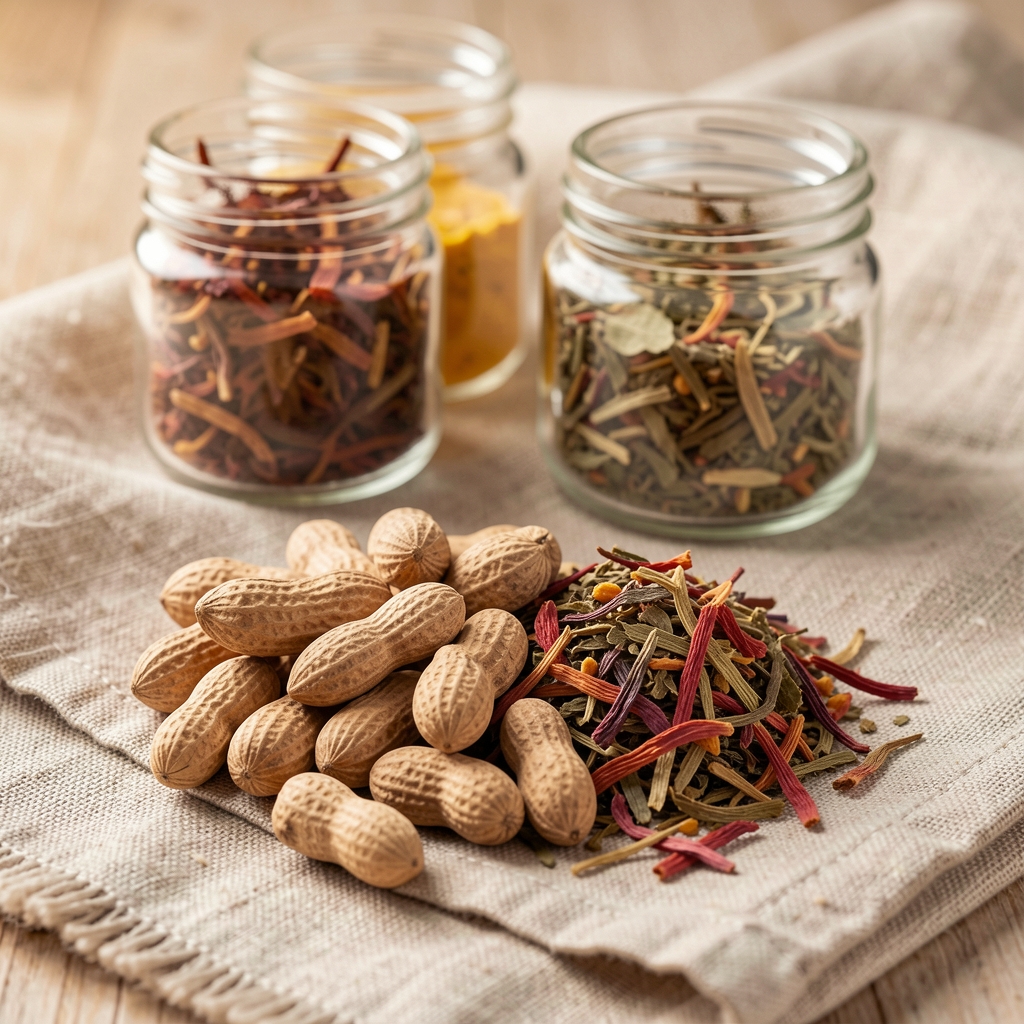 Plant-based herbal supplement ingredients: ashwagandha root and rhodiola dried plant material laid on natural linen cloth with glass jars of botanical extracts in background