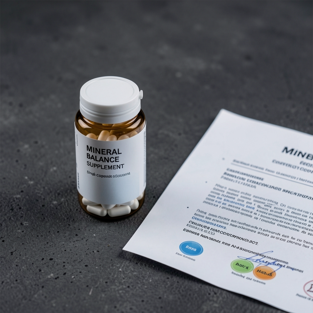 Mineral balance supplement: single capsule container on dark concrete surface with elemental composition certificate document partially visible alongside it