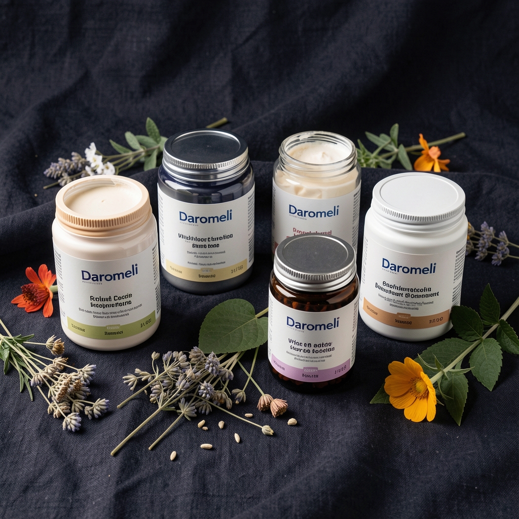 Daromeli supplement range laid out: four distinct product containers arranged on dark linen with botanical sample materials between them