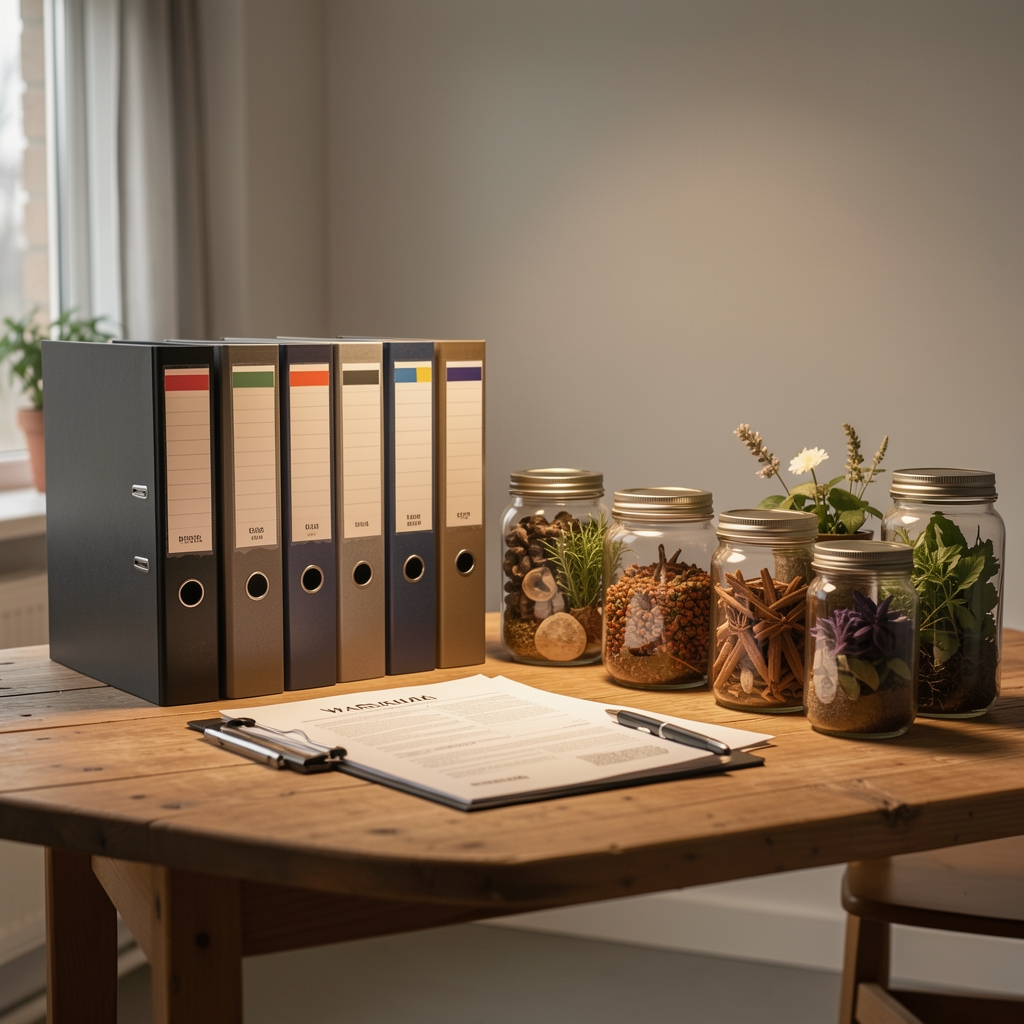 Warsaw nutrition supplement studio interior: wooden worktable with ingredient documentation binders, botanical samples in glass jars under warm directional studio lighting