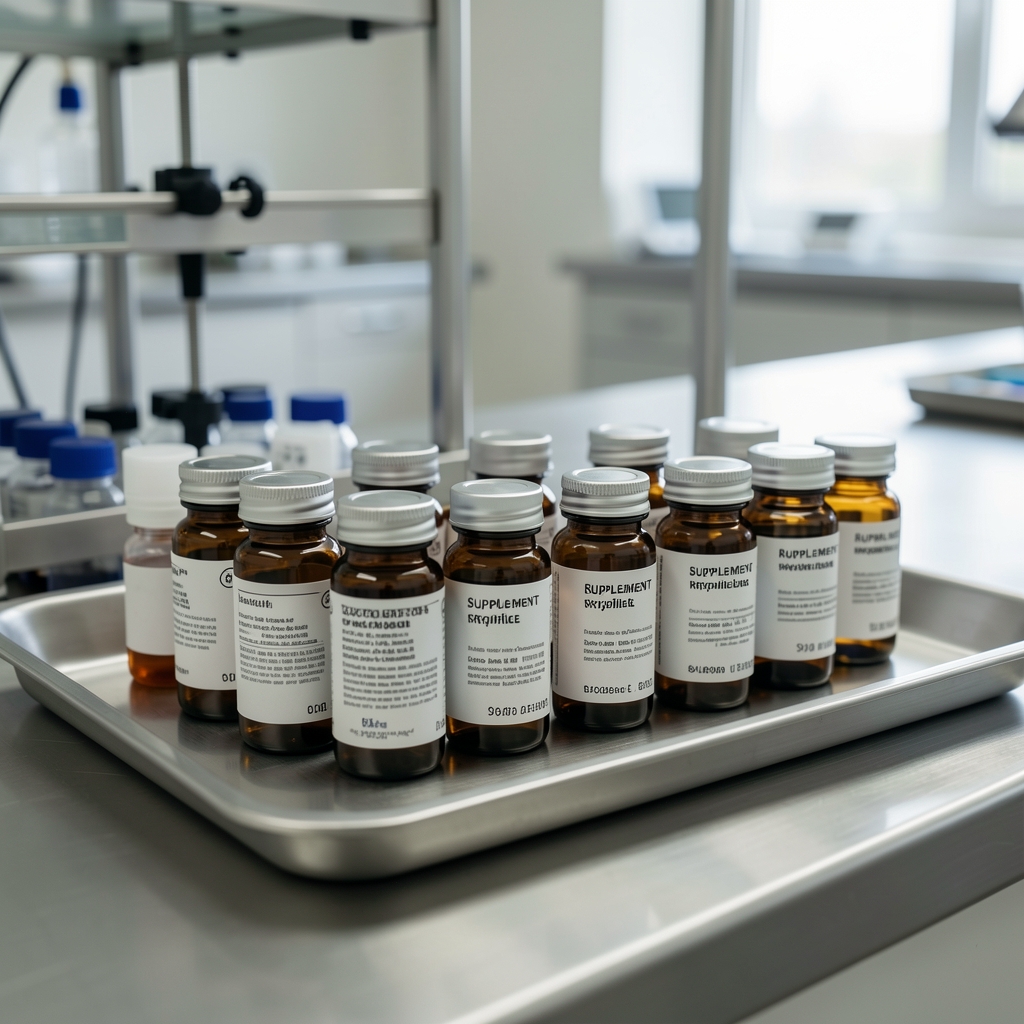 Supplement ingredient sample vials arranged in a row on a stainless steel tray in a quality-control environment