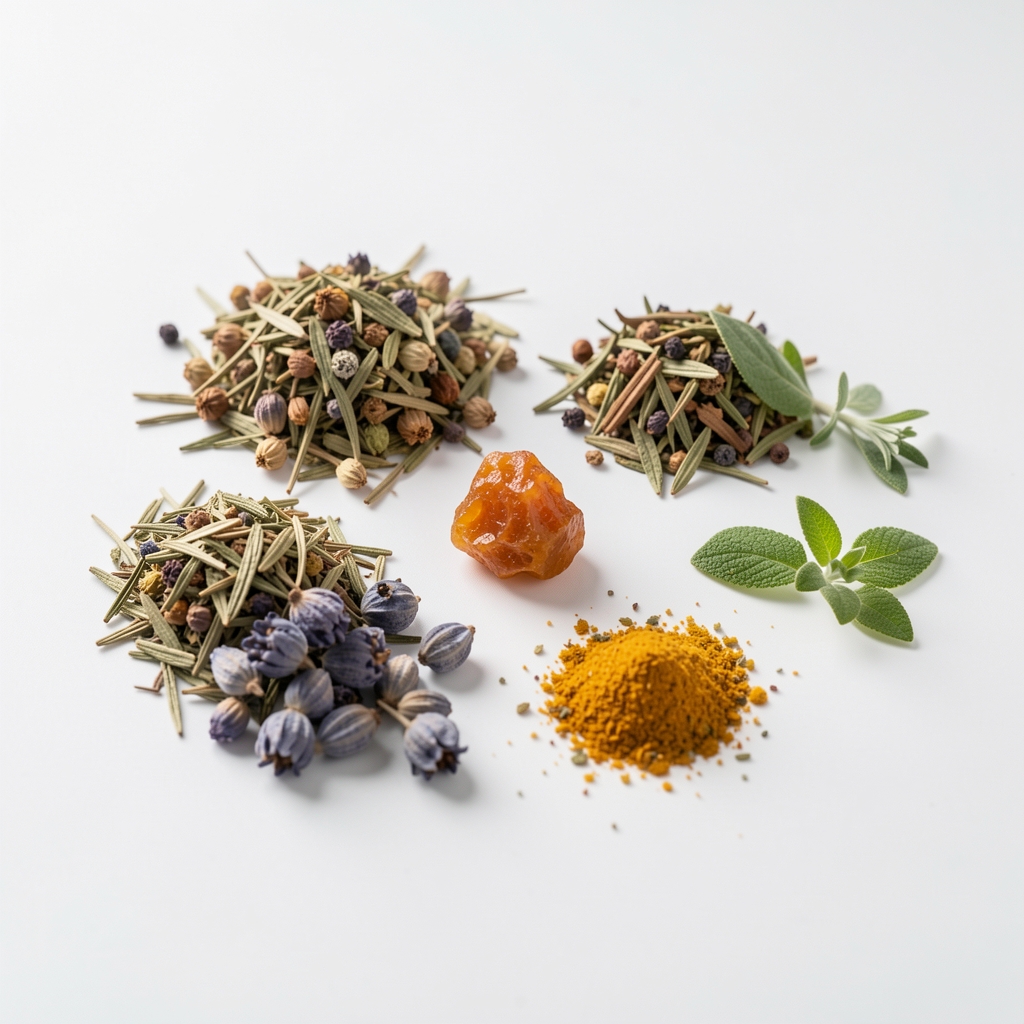 Dried botanical herbs and plant extracts laid out on a clean white surface for ingredient review process
