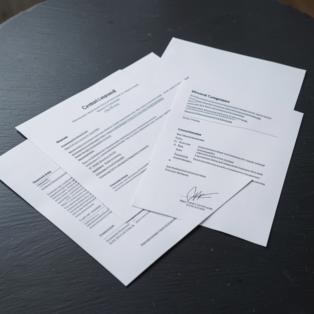 Close-up of mineral compound certificates of composition documents spread on a dark slate table surface